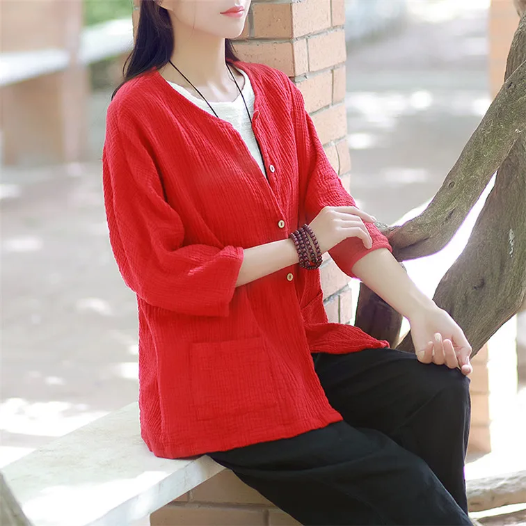 Women Casual Three Quarter Sleeve Cotton Linen Loose Blouse Spring Summer Vintage Shirt Tops Cardigan Camisas Ropa Mujer