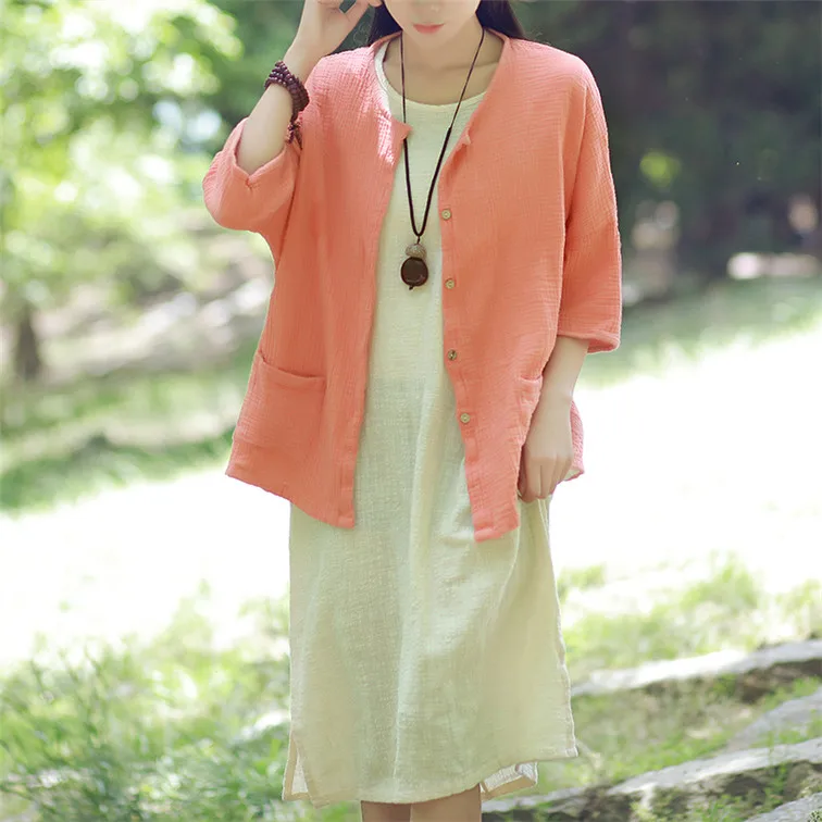 Women Casual Three Quarter Sleeve Cotton Linen Loose Blouse Spring Summer Vintage Shirt Tops Cardigan Camisas Ropa Mujer