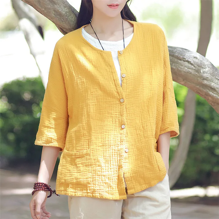 Women Casual Three Quarter Sleeve Cotton Linen Loose Blouse Spring Summer Vintage Shirt Tops Cardigan Camisas Ropa Mujer