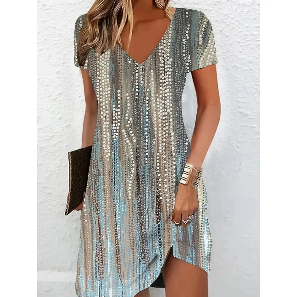 Women Short Sleeve V-Neck A-Line Dress Marble Pattern 3D Print Dress 2025 New Oversizd Casual Elegant Female Mini Dress Vestidos