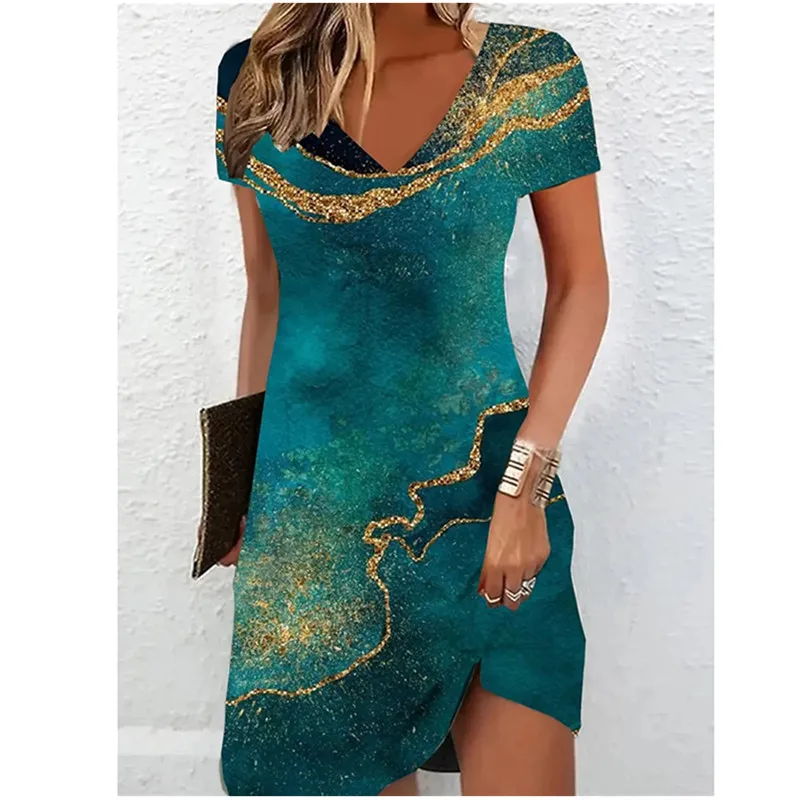 Women Short Sleeve V-Neck A-Line Dress Marble Pattern 3D Print Dress 2025 New Oversizd Casual Elegant Female Mini Dress Vestidos
