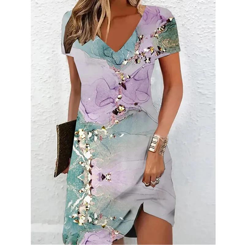Women Short Sleeve V-Neck A-Line Dress Marble Pattern 3D Print Dress 2025 New Oversizd Casual Elegant Female Mini Dress Vestidos