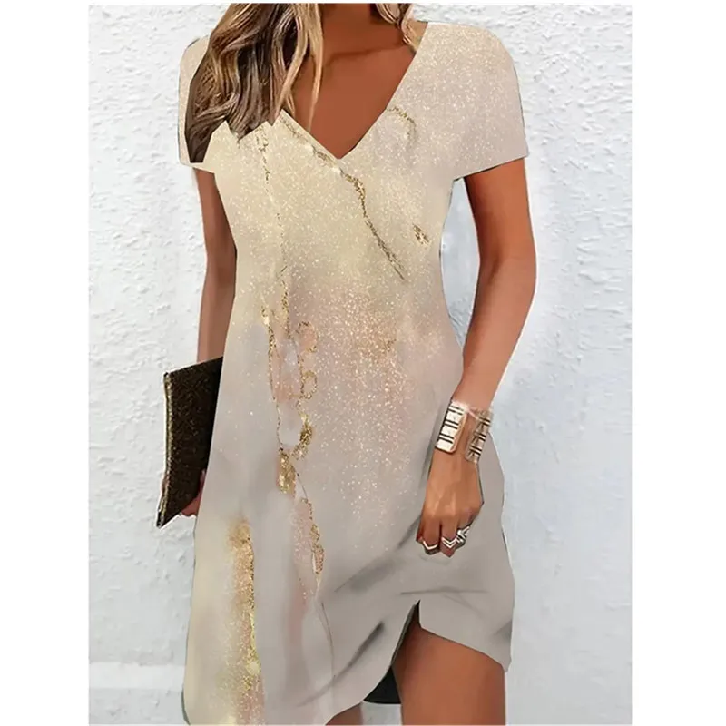 Women Short Sleeve V-Neck A-Line Dress Marble Pattern 3D Print Dress 2025 New Oversizd Casual Elegant Female Mini Dress Vestidos