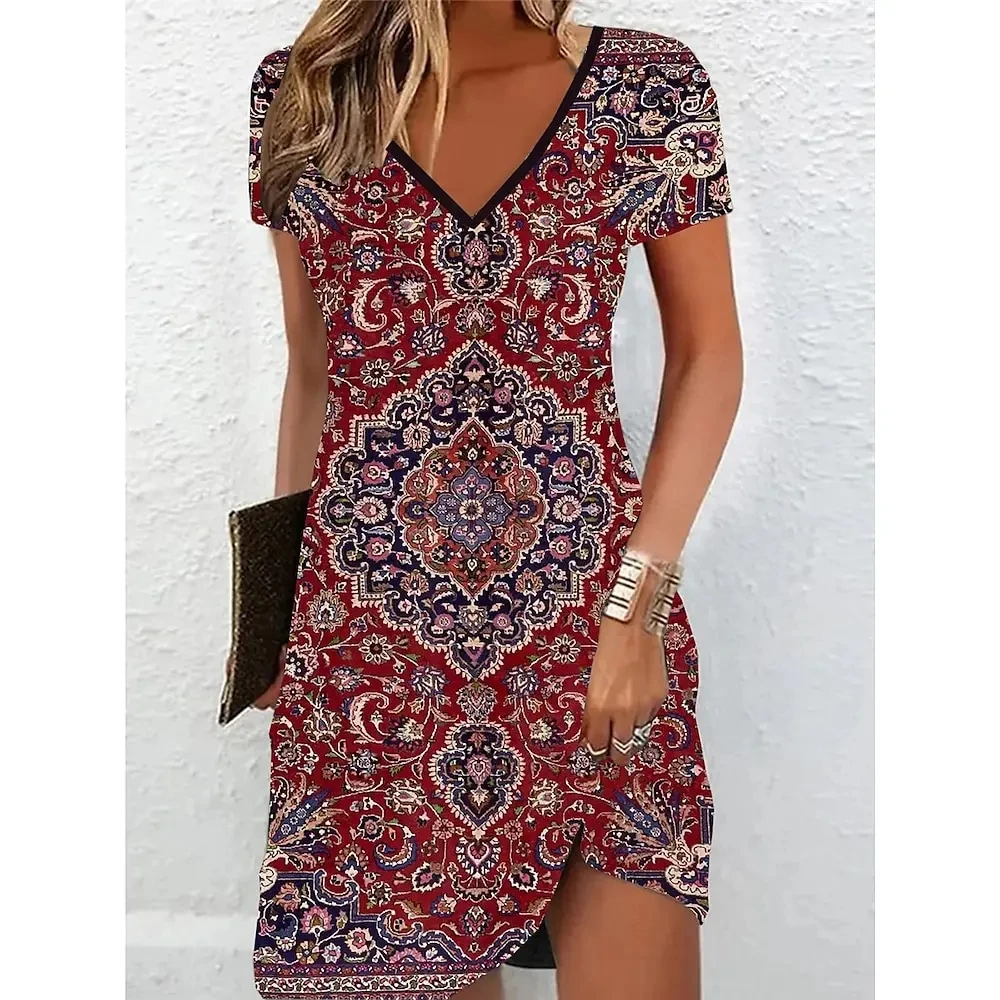 Women Short Sleeve V-Neck A-Line Dress Marble Pattern 3D Print Dress 2025 New Oversizd Casual Elegant Female Mini Dress Vestidos