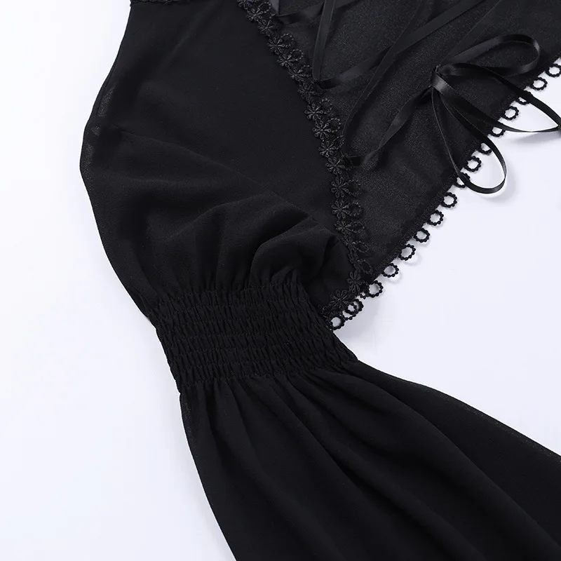 Goth Dark Elegant Lace Up Mall Gothic Crop Shrug Tops Grunge Chiffon Flare Sleeve Blouses Female Black Emo Alternative Cover Up