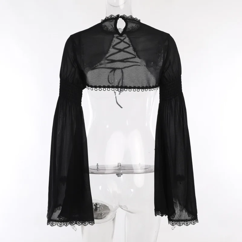 Goth Dark Elegant Lace Up Mall Gothic Crop Shrug Tops Grunge Chiffon Flare Sleeve Blouses Female Black Emo Alternative Cover Up