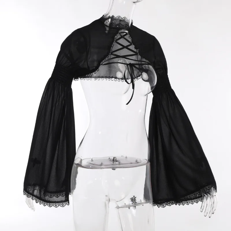 Goth Dark Elegant Lace Up Mall Gothic Crop Shrug Tops Grunge Chiffon Flare Sleeve Blouses Female Black Emo Alternative Cover Up