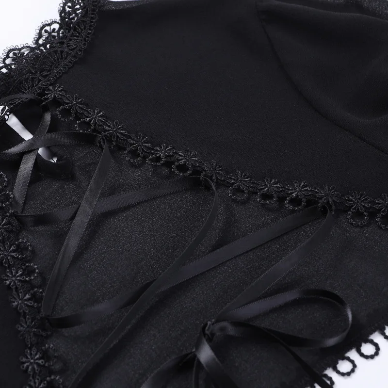Goth Dark Elegant Lace Up Mall Gothic Crop Shrug Tops Grunge Chiffon Flare Sleeve Blouses Female Black Emo Alternative Cover Up