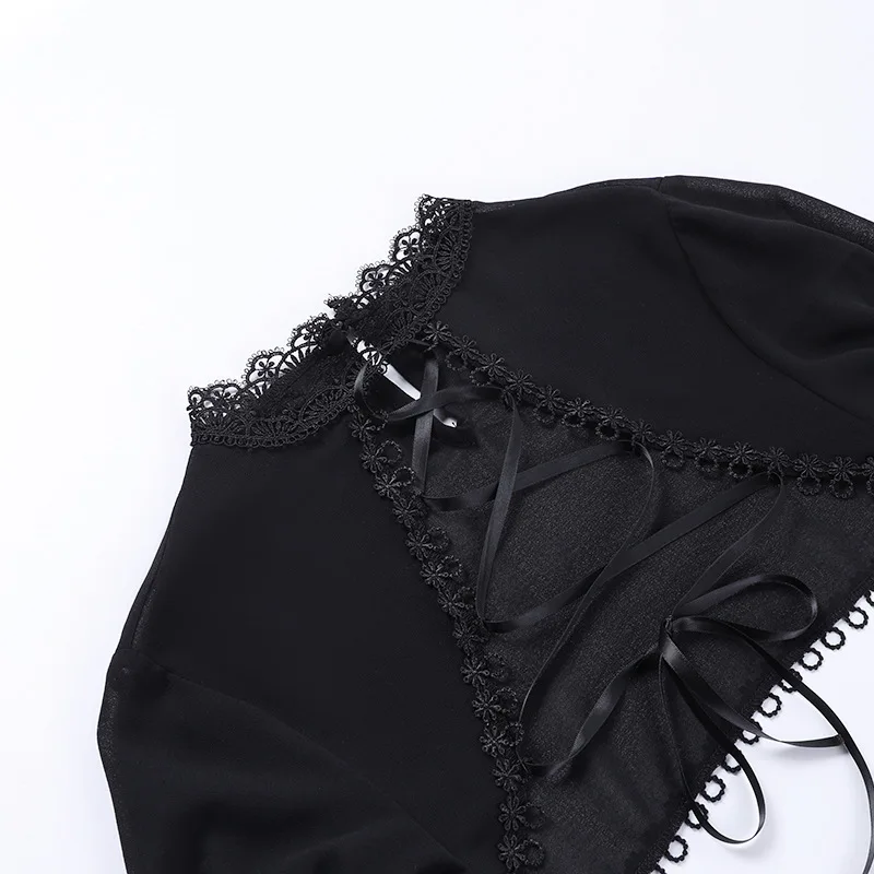 Goth Dark Elegant Lace Up Mall Gothic Crop Shrug Tops Grunge Chiffon Flare Sleeve Blouses Female Black Emo Alternative Cover Up
