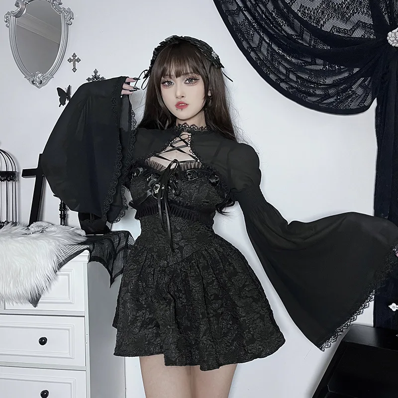 Goth Dark Elegant Lace Up Mall Gothic Crop Shrug Tops Grunge Chiffon Flare Sleeve Blouses Female Black Emo Alternative Cover Up
