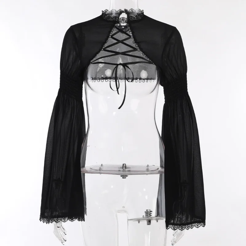 Goth Dark Elegant Lace Up Mall Gothic Crop Shrug Tops Grunge Chiffon Flare Sleeve Blouses Female Black Emo Alternative Cover Up