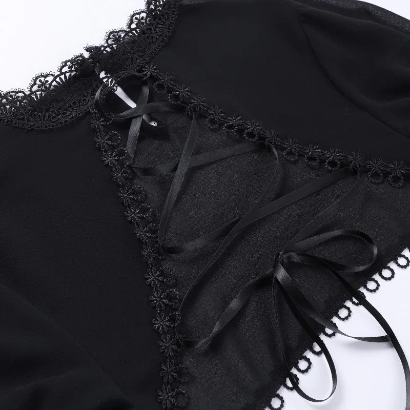Goth Dark Elegant Lace Up Mall Gothic Crop Shrug Tops Grunge Chiffon Flare Sleeve Blouses Female Black Emo Alternative Cover Up