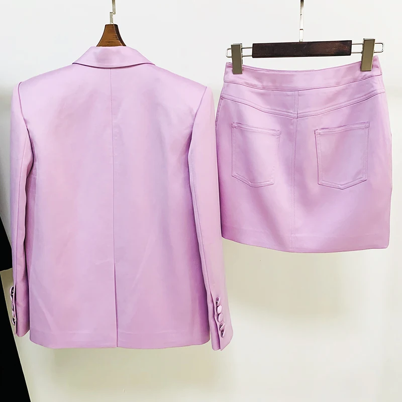 HIGH STREET Newest 2026 S/S Designer Runway Suit Set Women's Double Breasted Straght Satin Blazer Mini Skirt Suit
