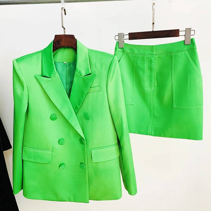 HIGH STREET Newest 2026 S/S Designer Runway Suit Set Women's Double Breasted Straght Satin Blazer Mini Skirt Suit