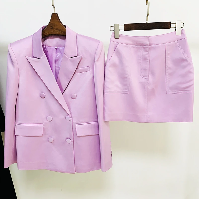 HIGH STREET Newest 2026 S/S Designer Runway Suit Set Women's Double Breasted Straght Satin Blazer Mini Skirt Suit