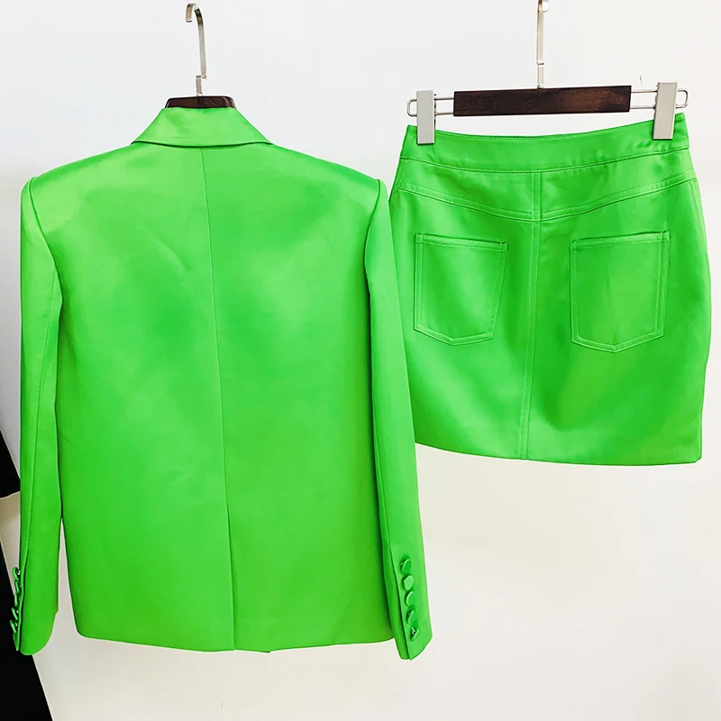 HIGH STREET Newest 2026 S/S Designer Runway Suit Set Women's Double Breasted Straght Satin Blazer Mini Skirt Suit