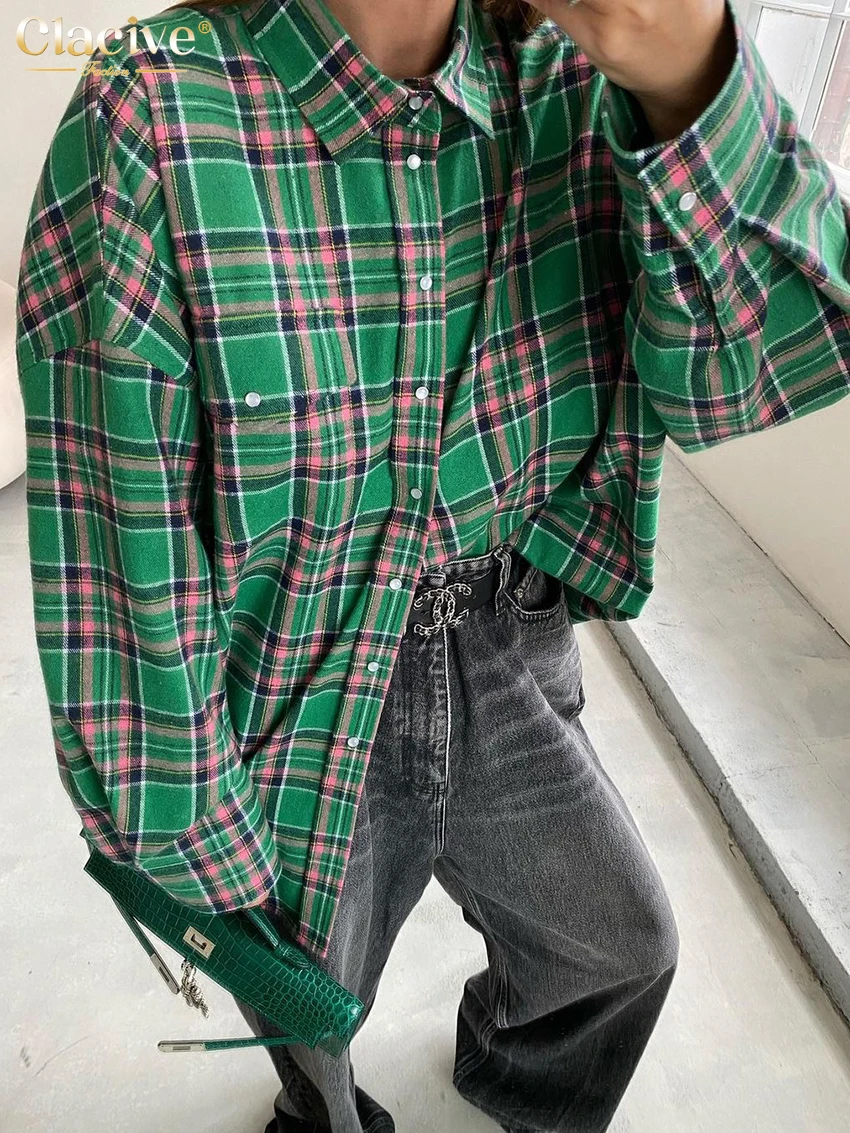 Clacive Fashion Loose Plaid Women Shirts 2023 Elegant Lapel Long Sleeve Office Shirts And Blouses Vintage Top Female Clothing