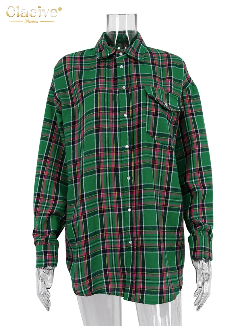 Clacive Fashion Loose Plaid Women Shirts 2023 Elegant Lapel Long Sleeve Office Shirts And Blouses Vintage Top Female Clothing