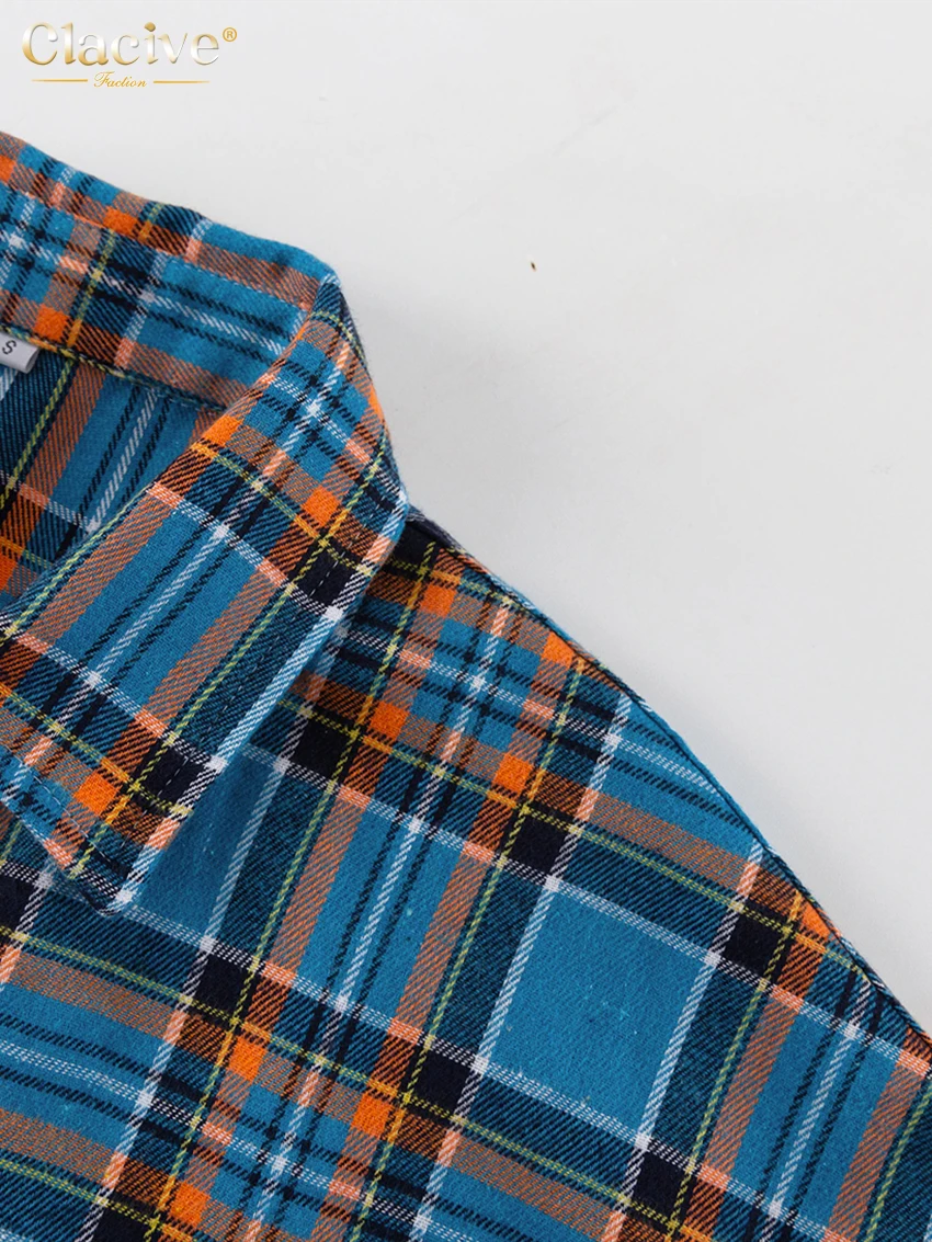 Clacive Fashion Loose Plaid Women Shirts 2023 Elegant Lapel Long Sleeve Office Shirts And Blouses Vintage Top Female Clothing