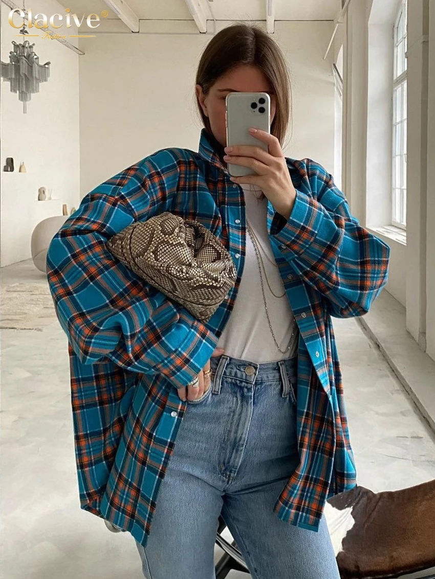 Clacive Fashion Loose Plaid Women Shirts 2023 Elegant Lapel Long Sleeve Office Shirts And Blouses Vintage Top Female Clothing