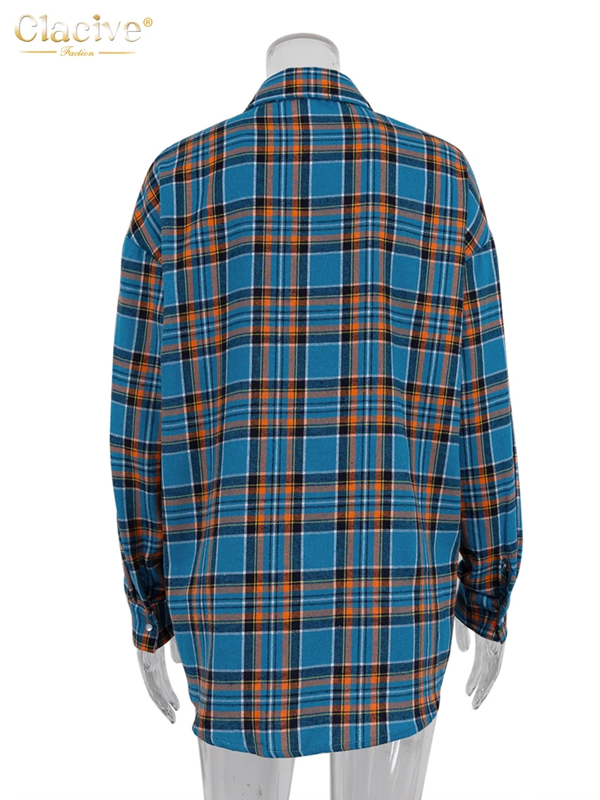 Clacive Fashion Loose Plaid Women Shirts 2023 Elegant Lapel Long Sleeve Office Shirts And Blouses Vintage Top Female Clothing