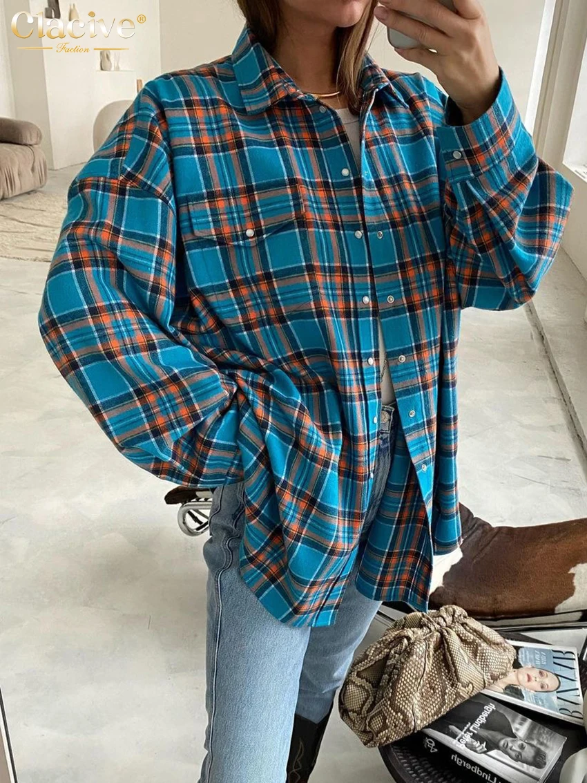 Clacive Fashion Loose Plaid Women Shirts 2023 Elegant Lapel Long Sleeve Office Shirts And Blouses Vintage Top Female Clothing