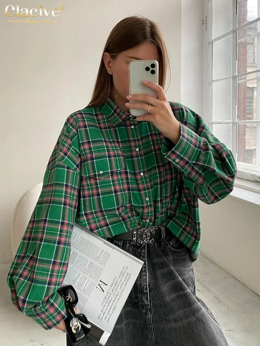 Clacive Fashion Loose Plaid Women Shirts 2023 Elegant Lapel Long Sleeve Office Shirts And Blouses Vintage Top Female Clothing