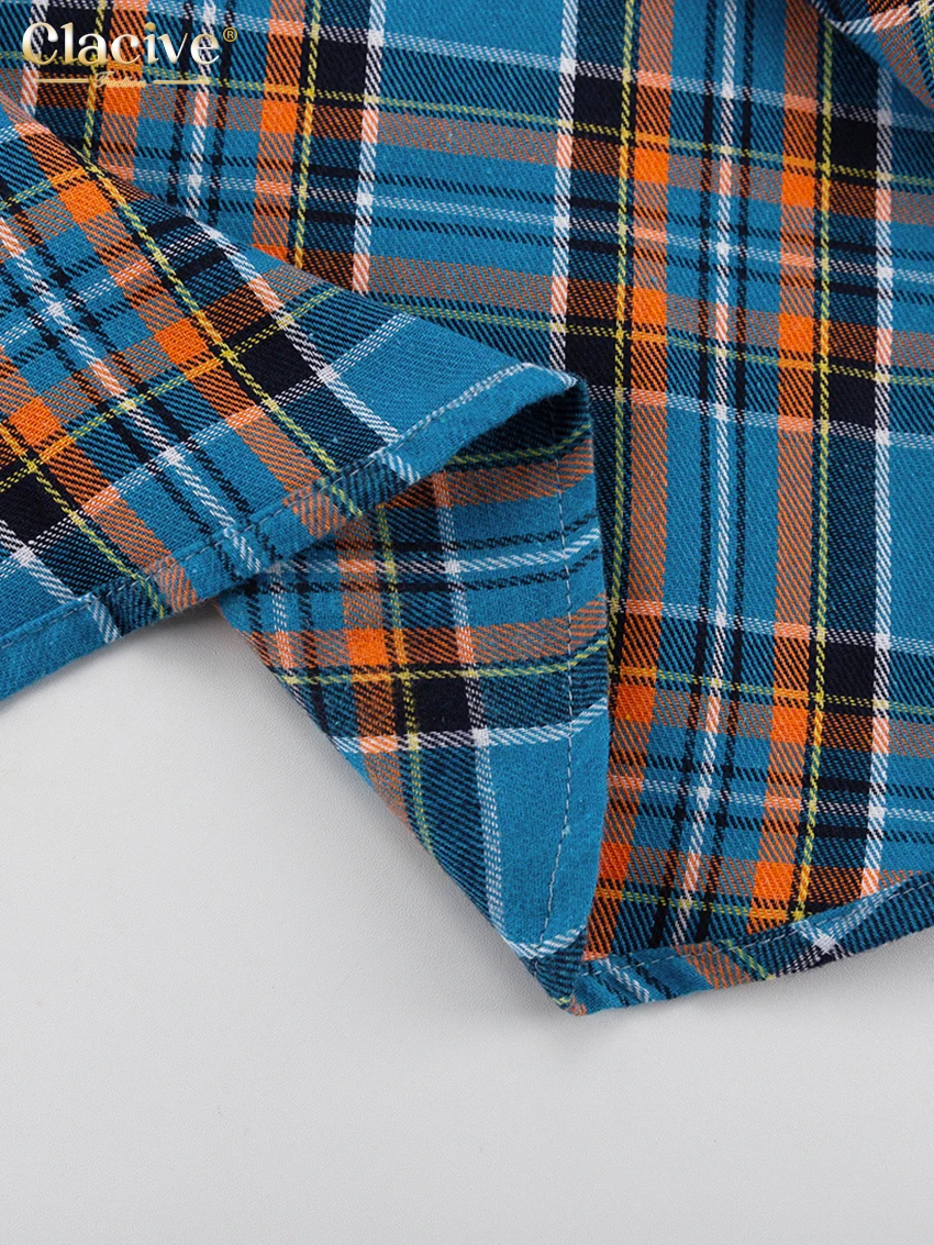 Clacive Fashion Loose Plaid Women Shirts 2023 Elegant Lapel Long Sleeve Office Shirts And Blouses Vintage Top Female Clothing