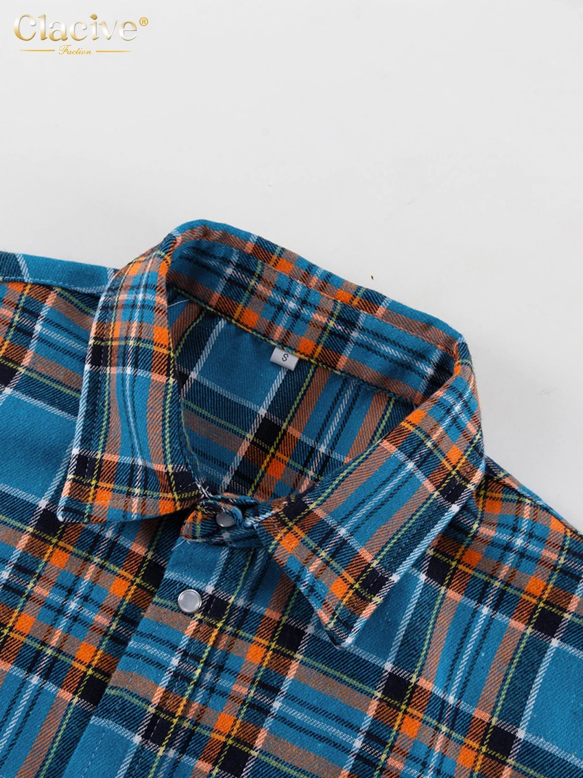 Clacive Fashion Loose Plaid Women Shirts 2023 Elegant Lapel Long Sleeve Office Shirts And Blouses Vintage Top Female Clothing
