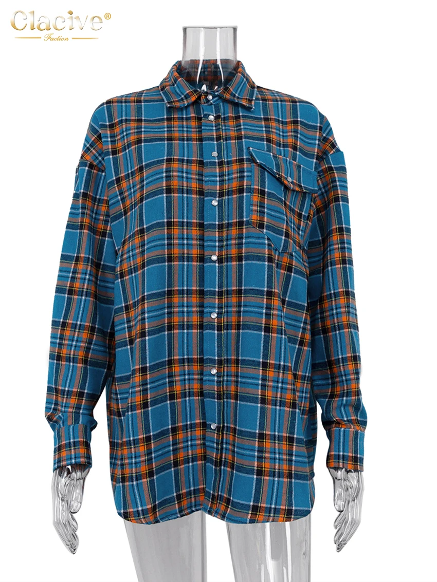 Clacive Fashion Loose Plaid Women Shirts 2023 Elegant Lapel Long Sleeve Office Shirts And Blouses Vintage Top Female Clothing