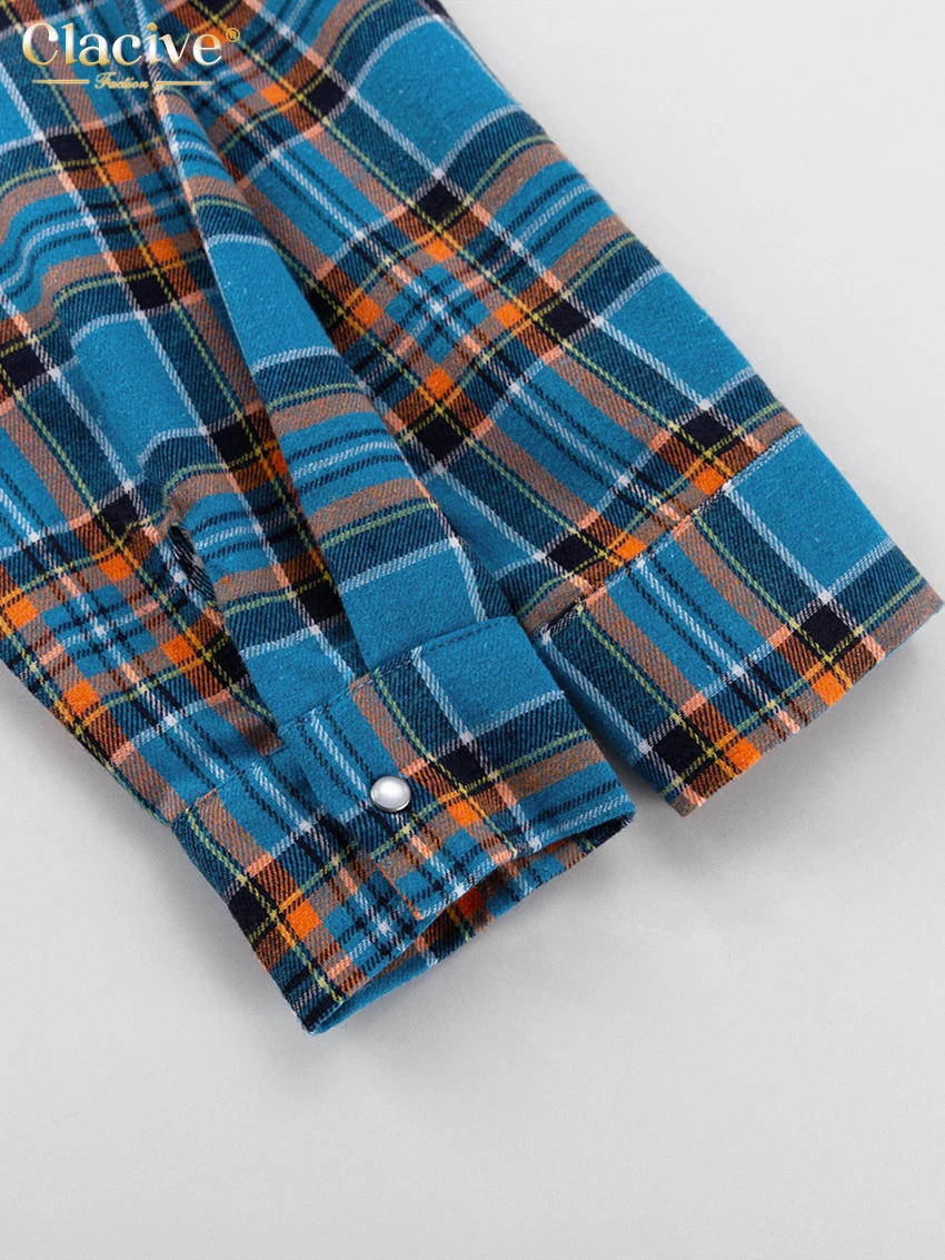 Clacive Fashion Loose Plaid Women Shirts 2023 Elegant Lapel Long Sleeve Office Shirts And Blouses Vintage Top Female Clothing