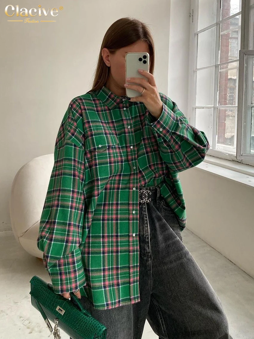 Clacive Fashion Loose Plaid Women Shirts 2023 Elegant Lapel Long Sleeve Office Shirts And Blouses Vintage Top Female Clothing