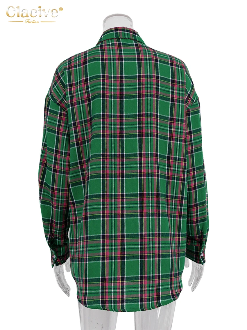 Clacive Fashion Loose Plaid Women Shirts 2023 Elegant Lapel Long Sleeve Office Shirts And Blouses Vintage Top Female Clothing