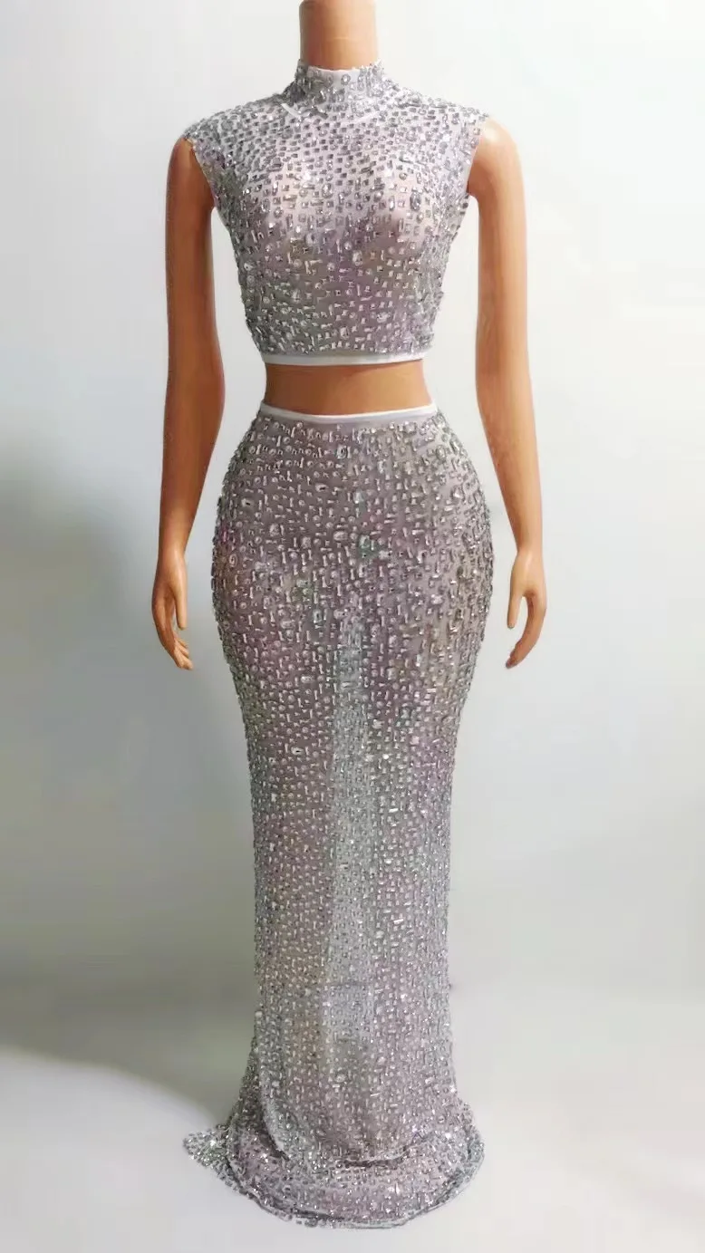 Elegant Sexy Rhinestone Two-Piece Set Evening Dress for Women Elastic Wedding Birthday Celebration Sexy Rhinestone Dress