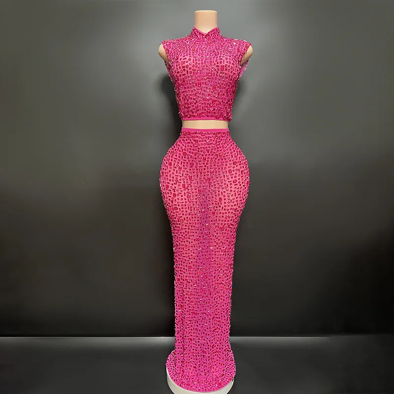 Elegant Sexy Rhinestone Two-Piece Set Evening Dress for Women Elastic Wedding Birthday Celebration Sexy Rhinestone Dress