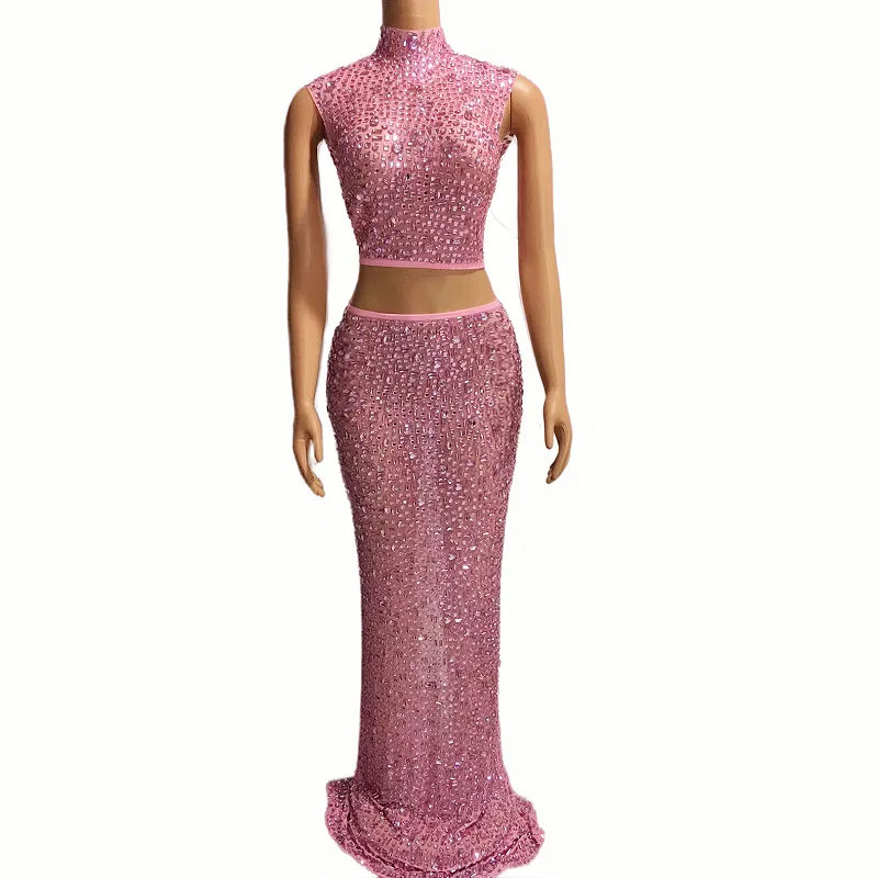Elegant Sexy Rhinestone Two-Piece Set Evening Dress for Women Elastic Wedding Birthday Celebration Sexy Rhinestone Dress