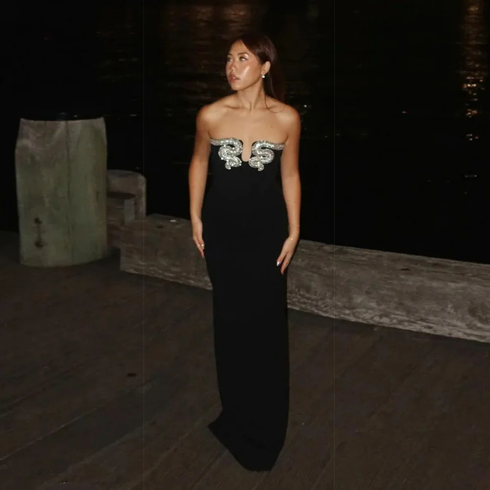 2024 Elegant Strapless Bandage Dress Sexy Beading Bodycon Clothes Celebrity Evening Party Long Dresses