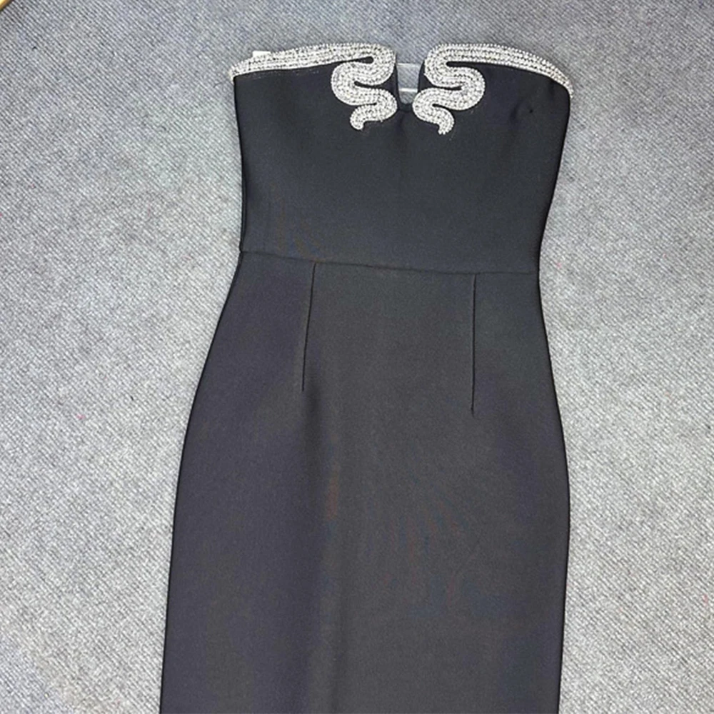 2024 Elegant Strapless Bandage Dress Sexy Beading Bodycon Clothes Celebrity Evening Party Long Dresses