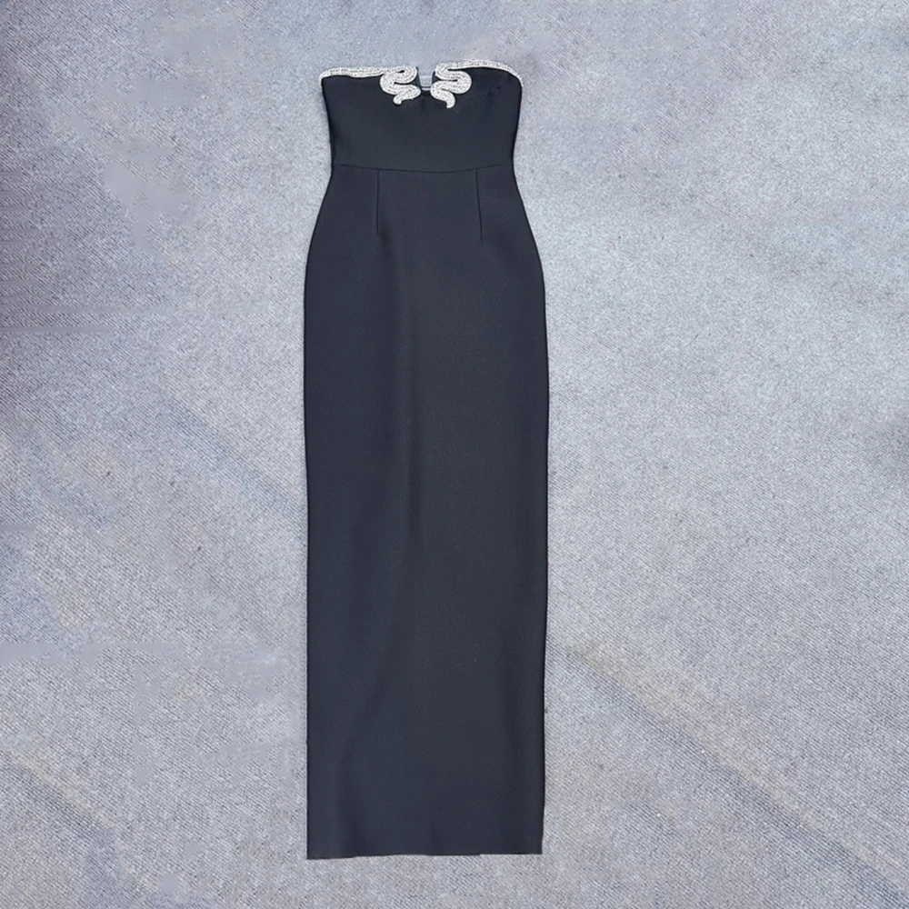 2024 Elegant Strapless Bandage Dress Sexy Beading Bodycon Clothes Celebrity Evening Party Long Dresses