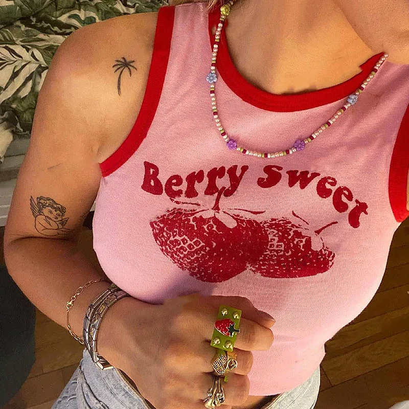 2024 Pink Print Y2k Tank Top Summer Off Shoulder O Neck Sleeveless Fashion 90s Vintage Crop Tops Women Casual Sexy