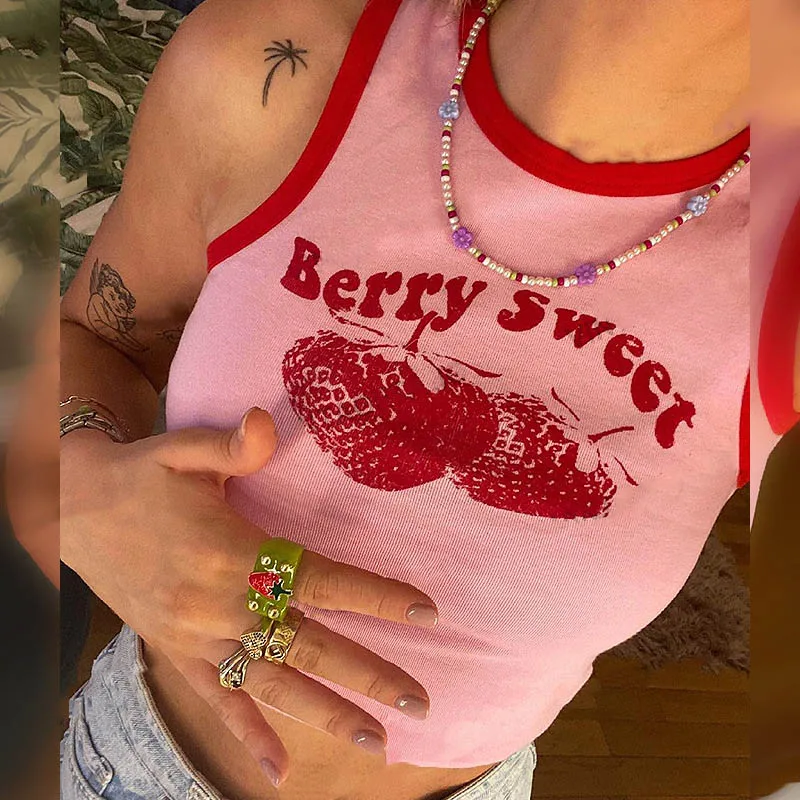 2024 Pink Print Y2k Tank Top Summer Off Shoulder O Neck Sleeveless Fashion 90s Vintage Crop Tops Women Casual Sexy