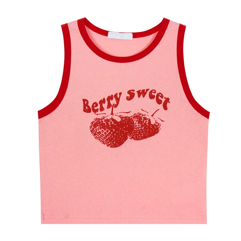 2024 Pink Print Y2k Tank Top Summer Off Shoulder O Neck Sleeveless Fashion 90s Vintage Crop Tops Women Casual Sexy