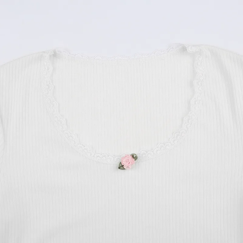 Y2k Floral Lace Trim Crop Top White Knitted Slim O Neck Basic Casual T Shirt Women Chic Vintage Full Sleeve Harajuku Tee Autumn