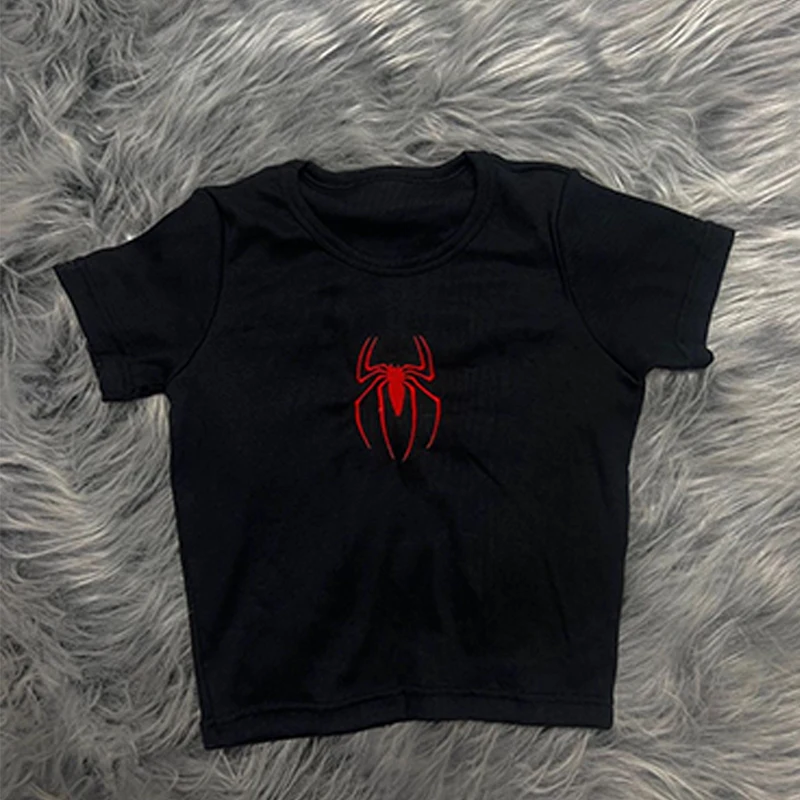 Women's O-neck Red Spider Embroidery Pattern T-shirt Short Sleeve Black Gothic Crop Top Summer Baby Tee Y2k Clothes