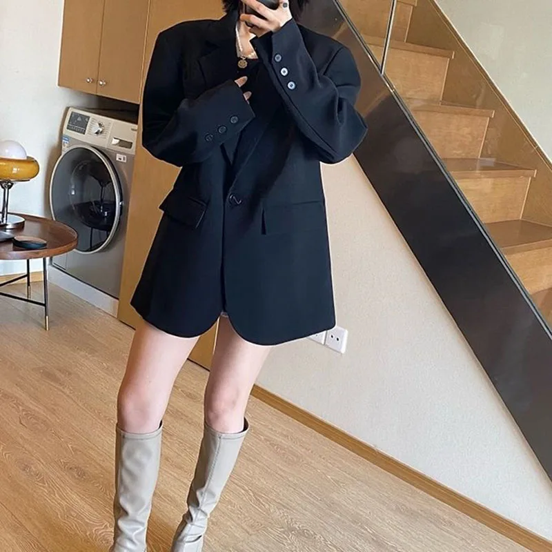 Lucyever Korean Style Loose Black Blazers Ladies Spring Autumn Single Button Casual Suit Coat Woman Vintage Streetwear Clothes
