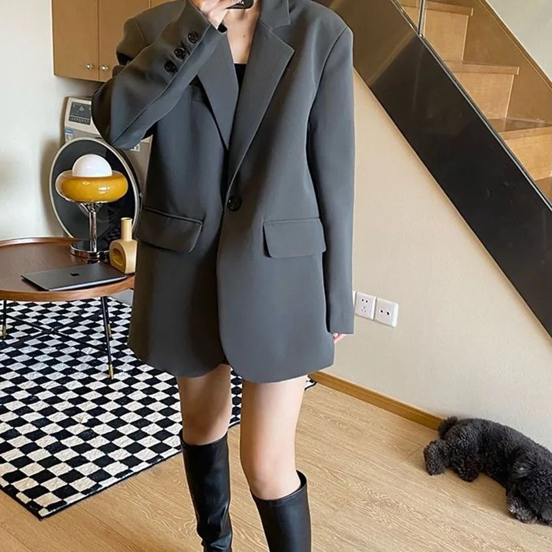 Lucyever Korean Style Loose Black Blazers Ladies Spring Autumn Single Button Casual Suit Coat Woman Vintage Streetwear Clothes