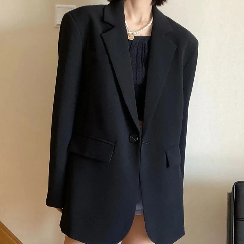 Lucyever Korean Style Loose Black Blazers Ladies Spring Autumn Single Button Casual Suit Coat Woman Vintage Streetwear Clothes