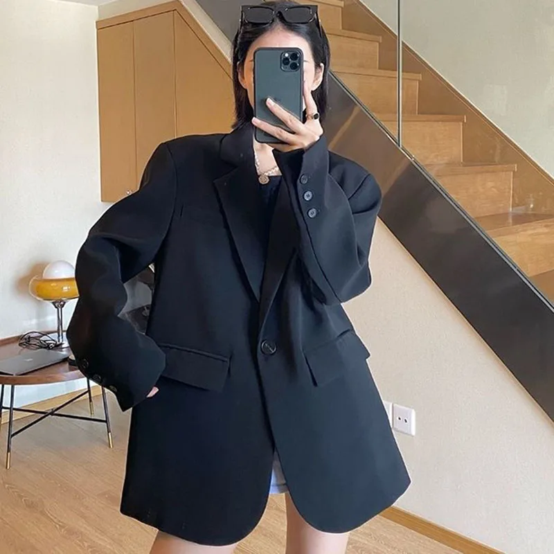 Lucyever Korean Style Loose Black Blazers Ladies Spring Autumn Single Button Casual Suit Coat Woman Vintage Streetwear Clothes