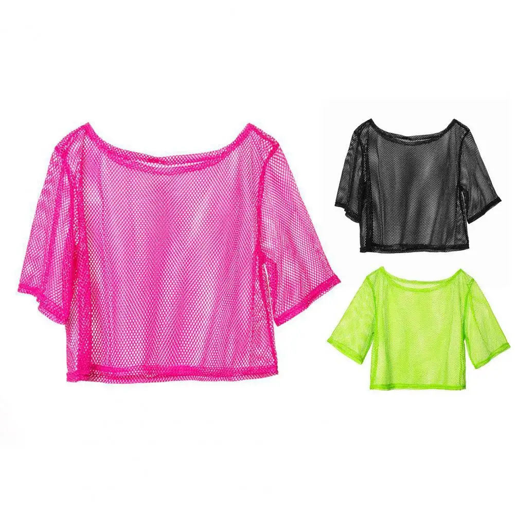 Women Fishnet Tank T-Shirt Casual Crop Tops See Through Mesh Top Women's Mesh Yoga Shirt Sexy Mesh Cover Up Party Dance Top