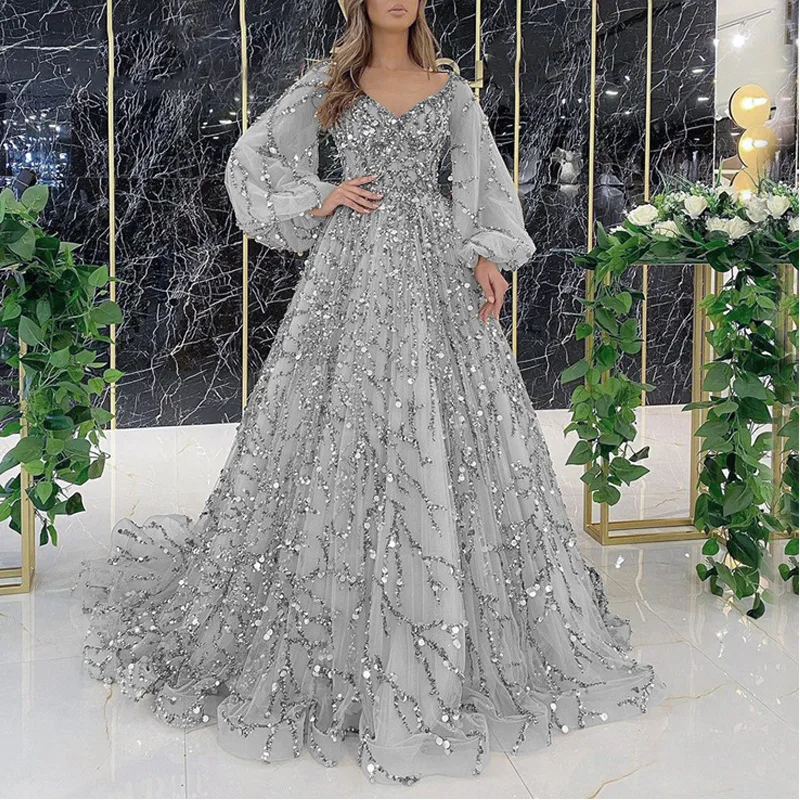 Women Bohemian Dress with V-neck Lantern Long Sleeves Lace Mesh Sequins Beaded Slim Fit  Soft Pleats Elegant for Party Banquets